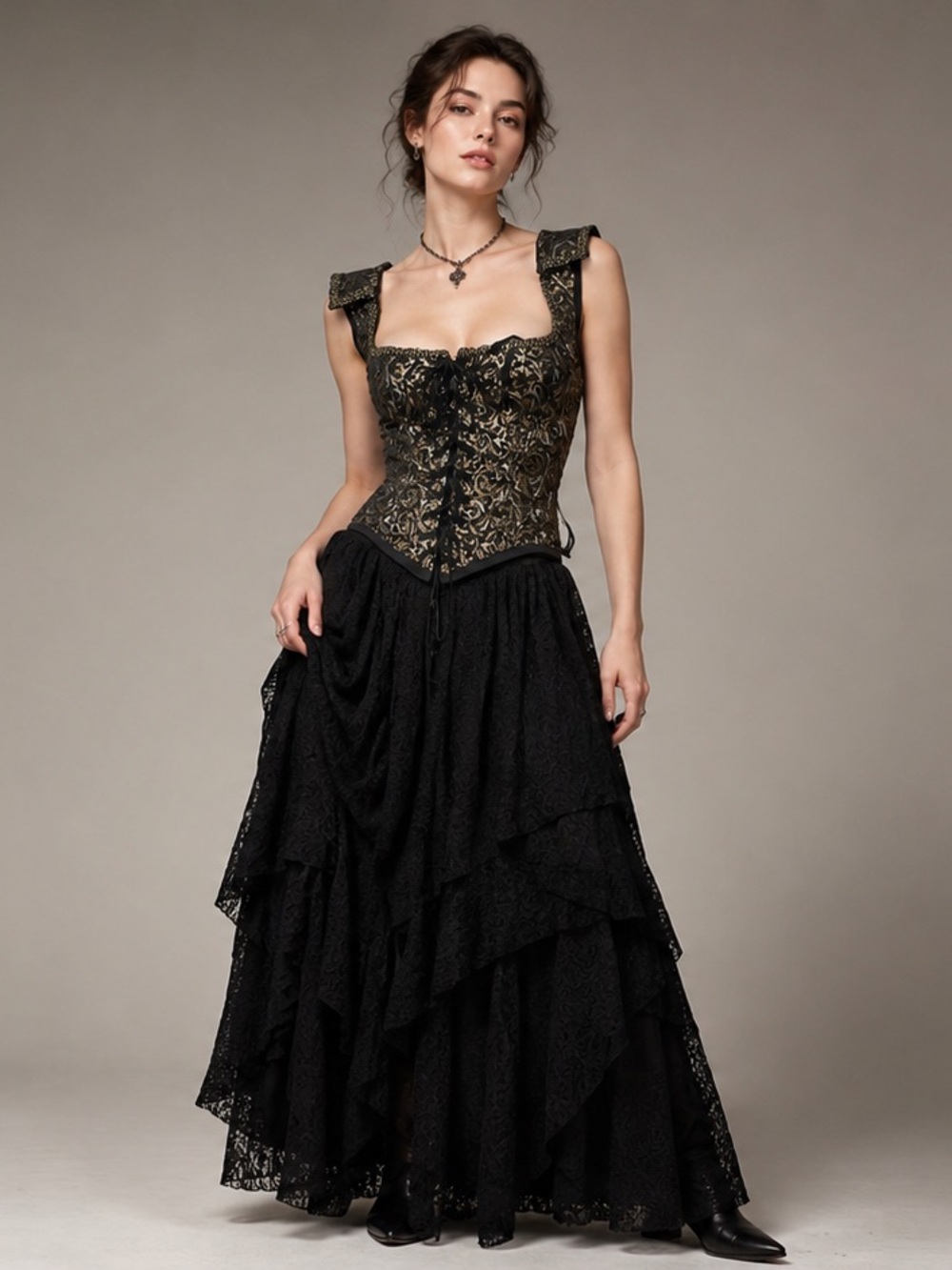 Handmade Gothic Renaissance Corset Top & Black Lace Ruffle Skirt Set size M/L